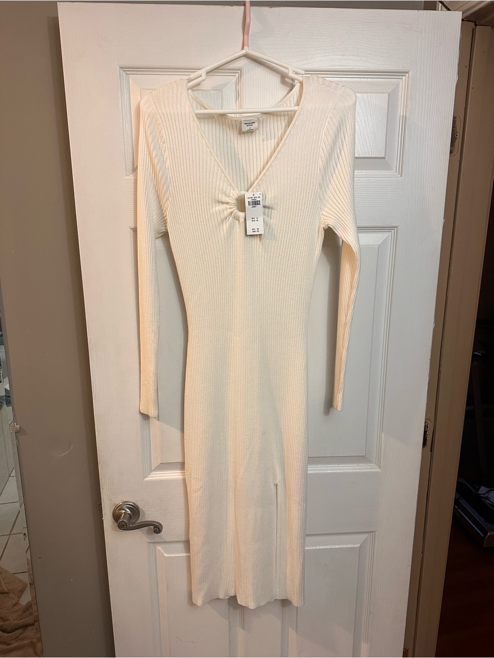 Abercrombie & Fitch White Ribbed V-Neck Long Sleeve Midi Dress